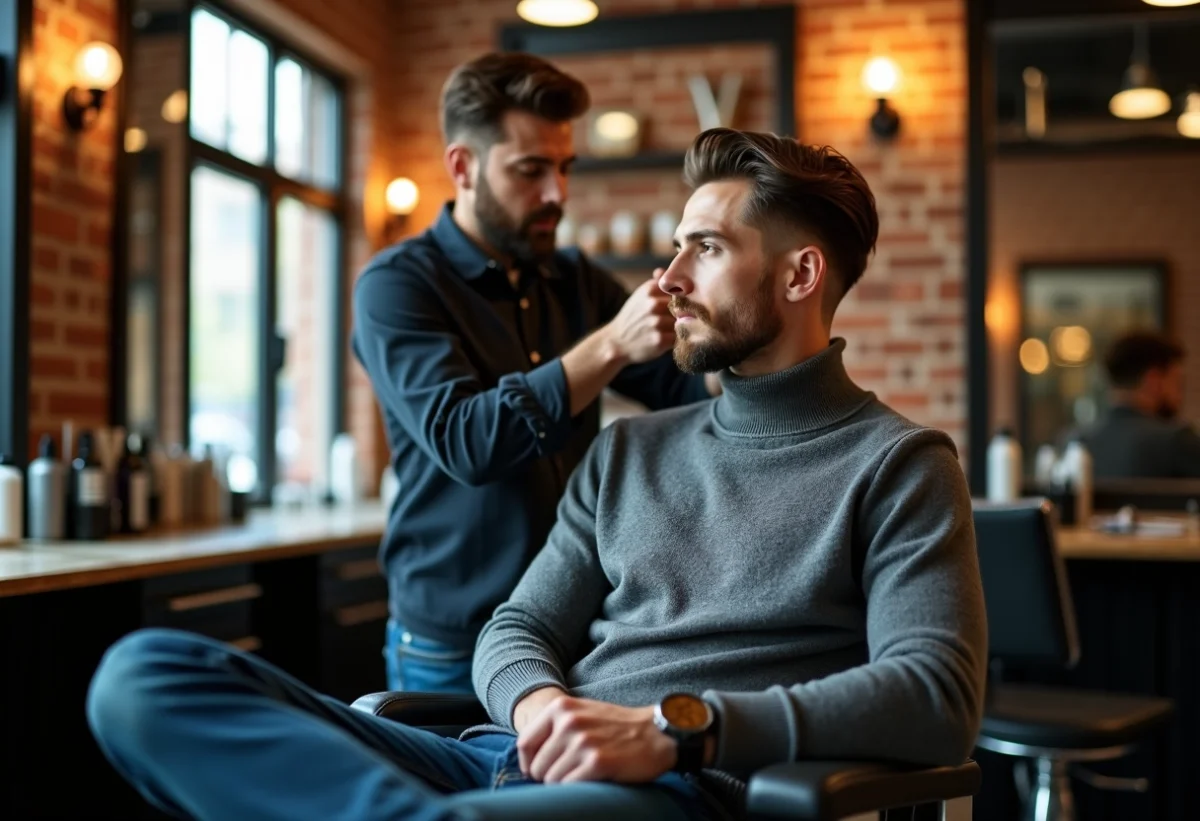 Homme élégant dans un barbershop moderne en train de se faire couper les cheveux