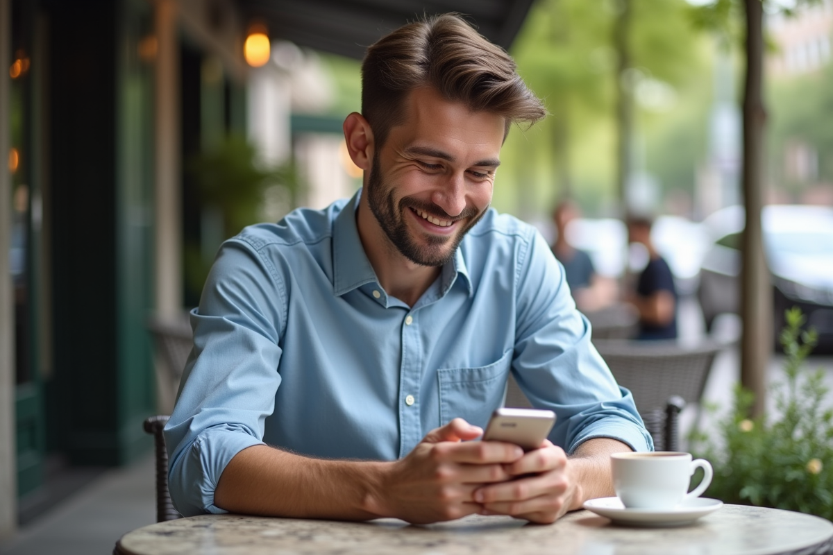 Homme détendu regardant son téléphone en terrasse de café