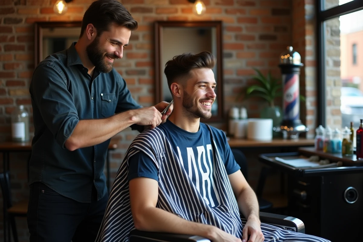 Jeune homme aux cheveux courts chez le barbier avec coiffeur professionnel utilisant des ciseaux