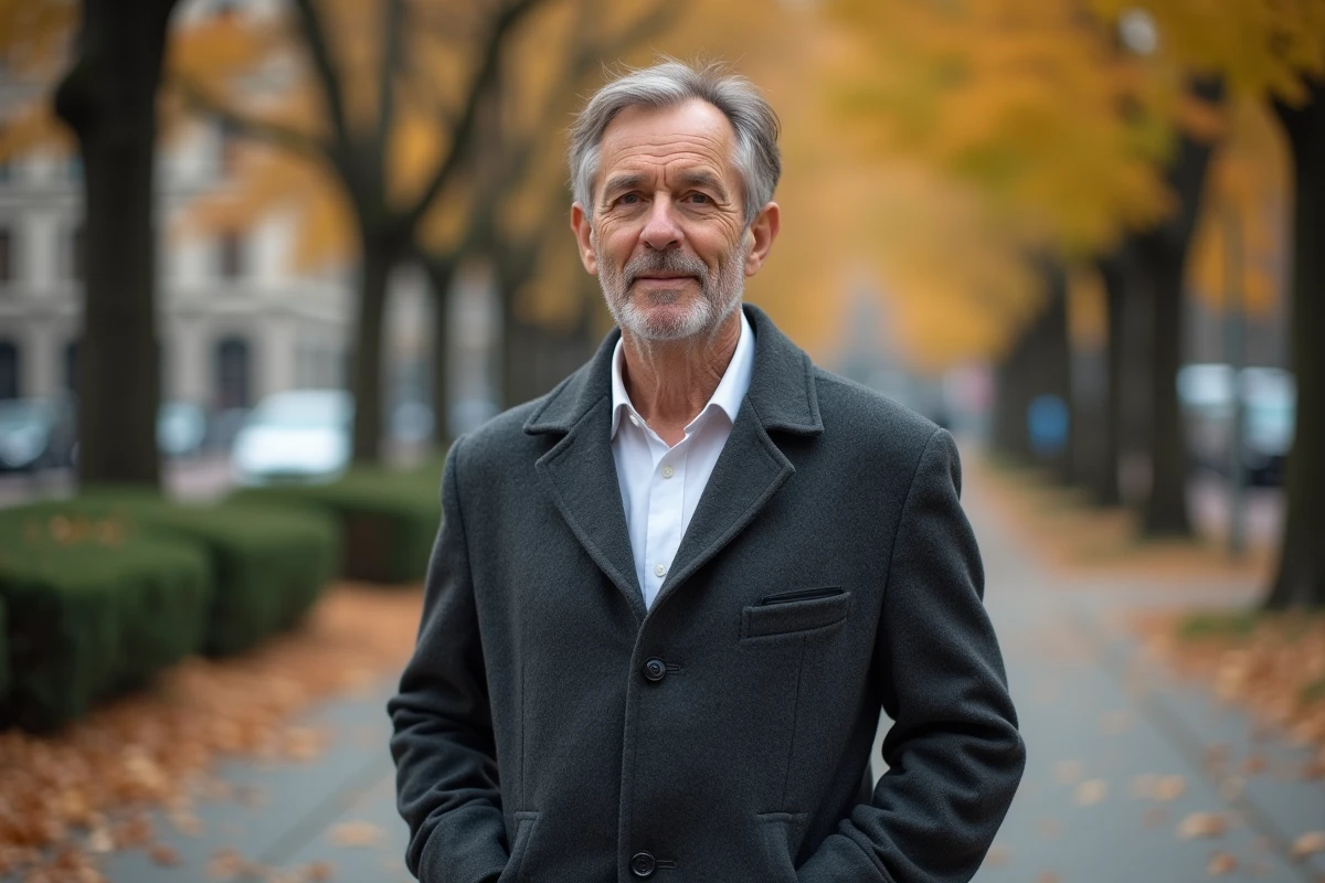 Homme distingué aux cheveux gris naturellement colorés se promenant dans un parc urbain en automne