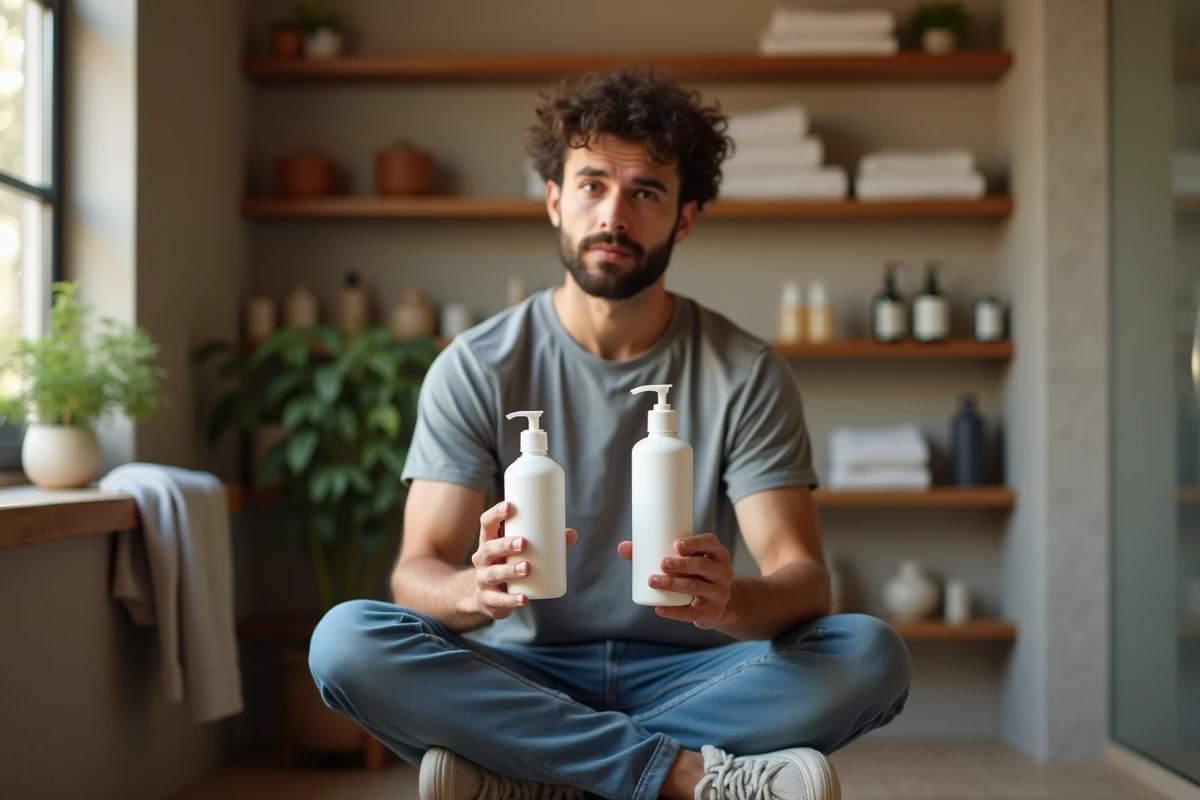 Homme comparant deux shampoings sans paraben et sans silicone dans une salle de bain moderne en bois
