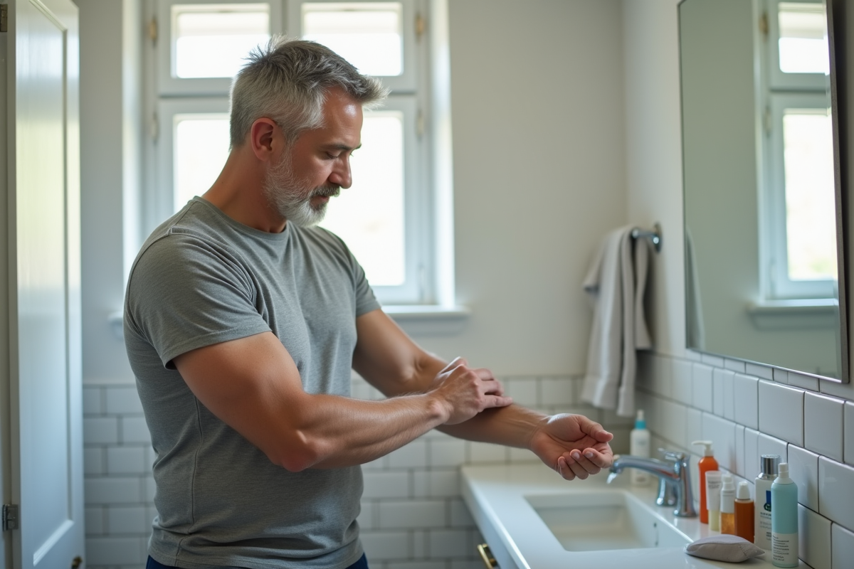 Homme inspectant sa peau dans une salle de bain lumineuse