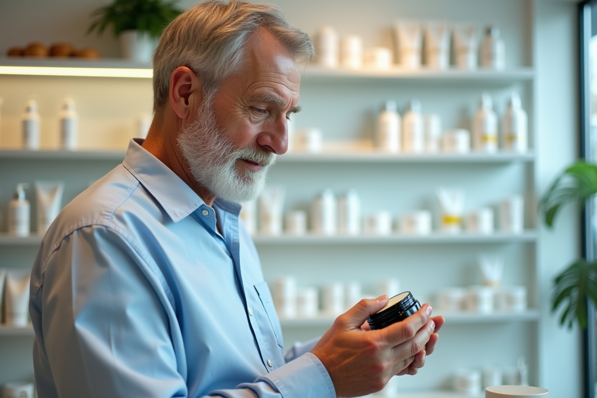 Homme lisant une creme visage dans un magasin de cosmetiques