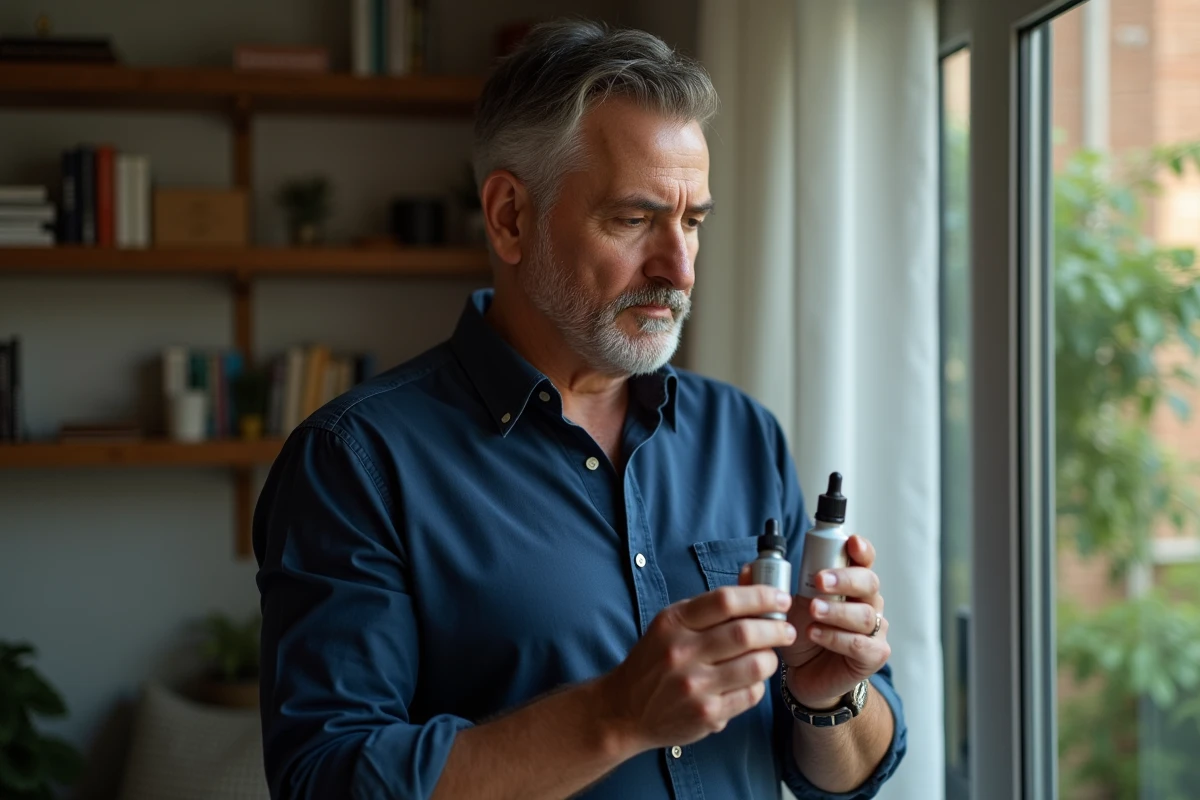 Homme lisant une bouteille de serum dans un salon cosy