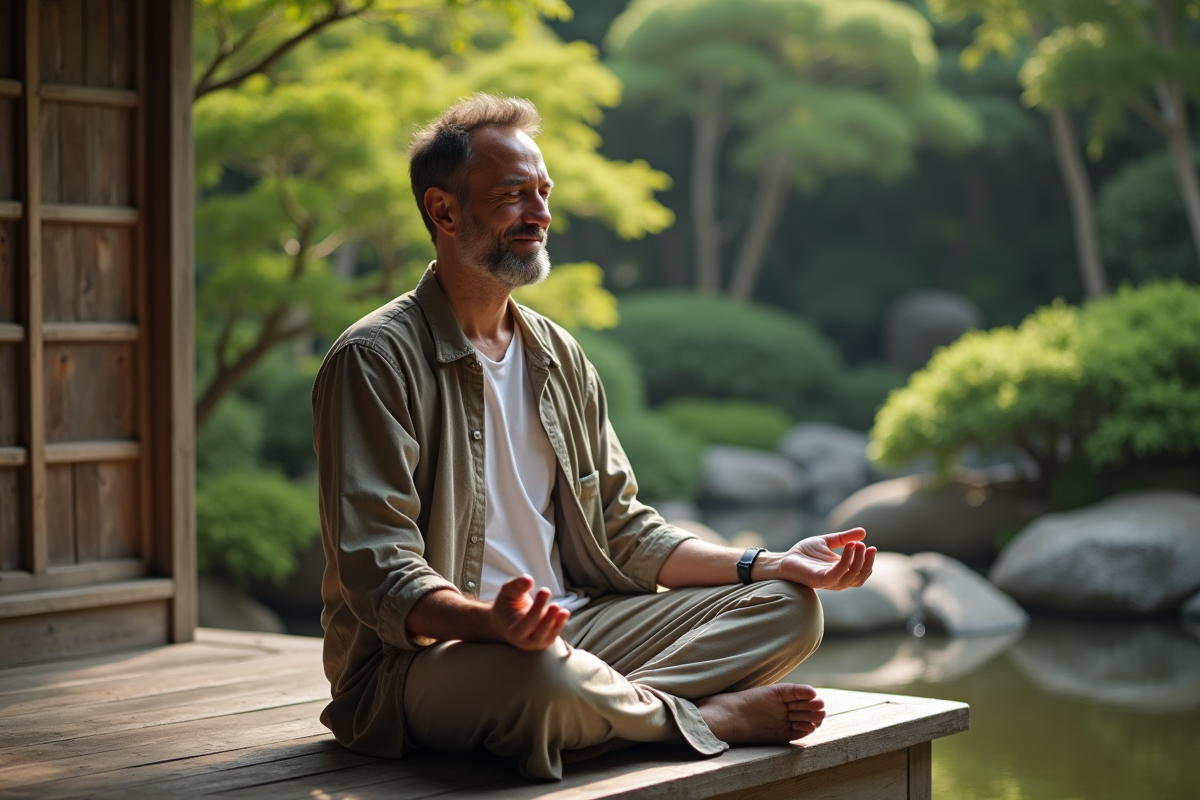 Homme méditant dans un jardin japonais paisible