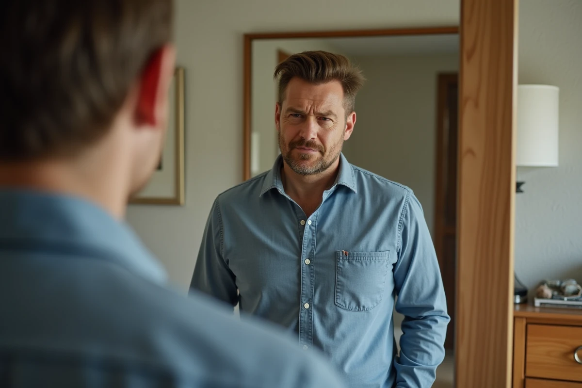 Homme d age examine sa coupe mullet dans son miroir à la maison