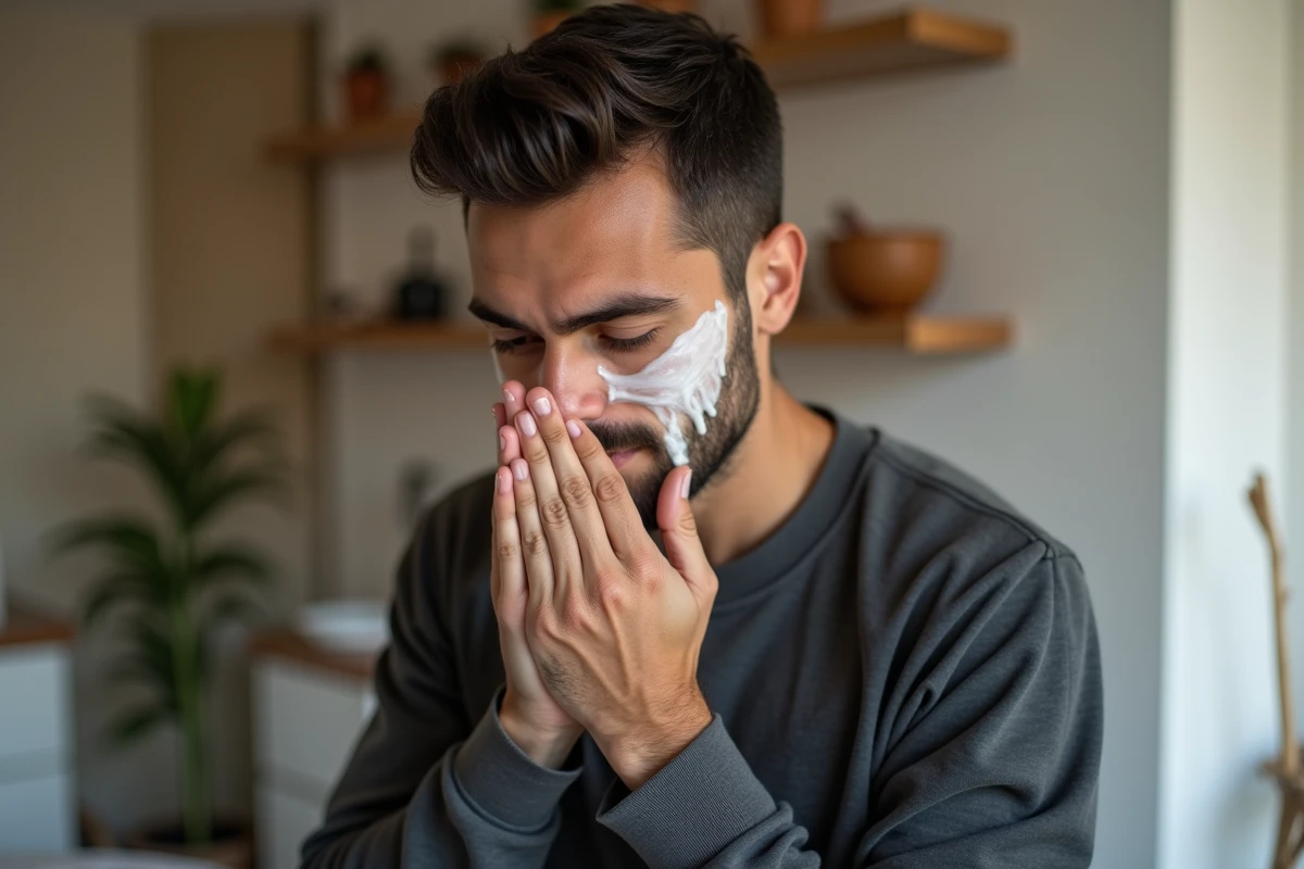 Homme massant son visage avec un nettoyant dans la chambre