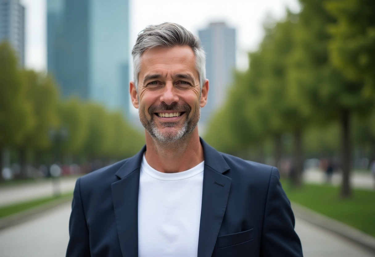 Homme souriant avec coupe textured dans un parc urbain