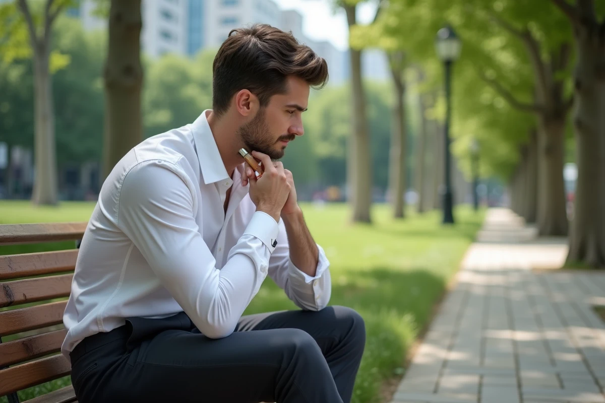 Homme se parfumant dans un parc en ville