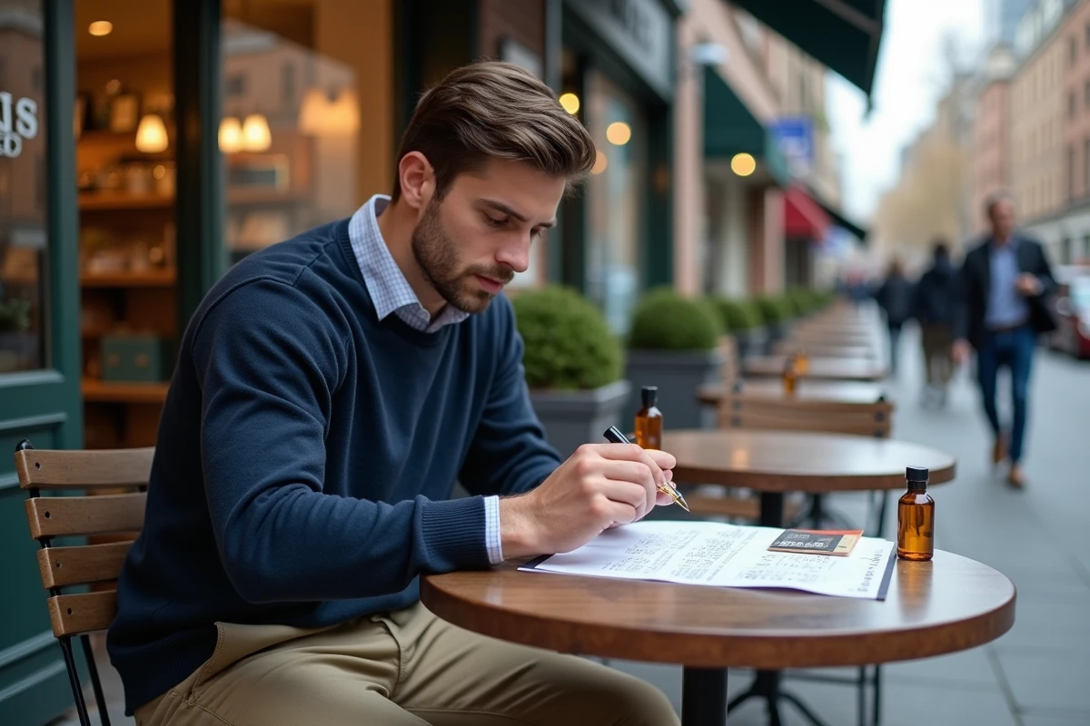 Homme comparant des échantillons de parfum en extérieur