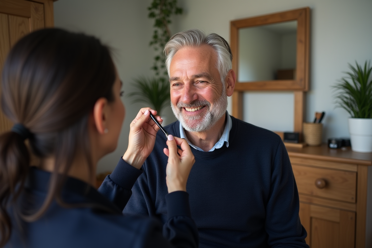 Homme souriant recevant une retouche maquillage