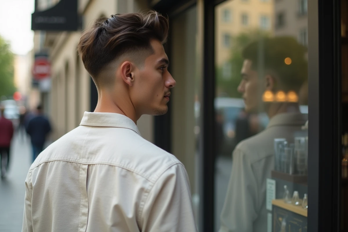 Homme regardant son reflet dans une vitrine urbaine