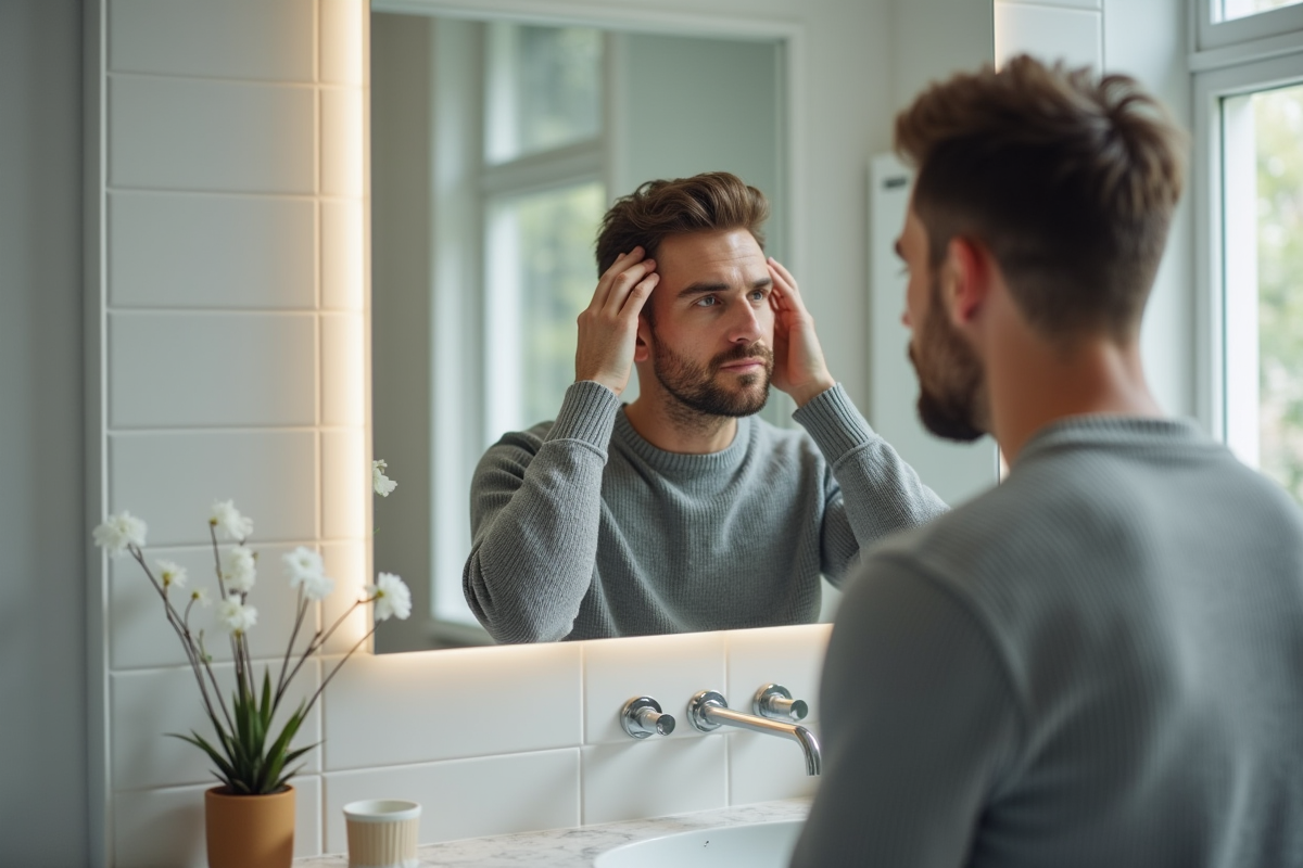 Homme regardant son reflet dans un miroir de salle de bain