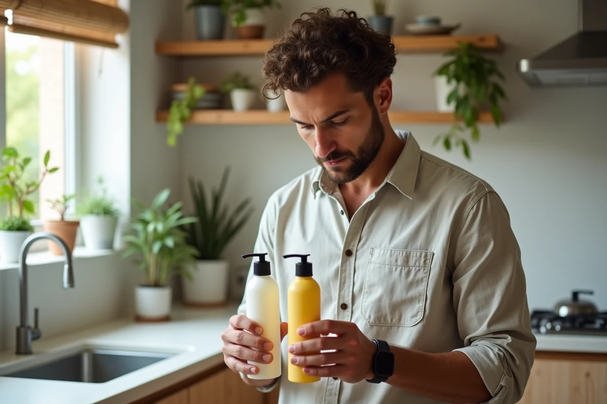 Homme examinant des bouteilles de shampoing dans la cuisine