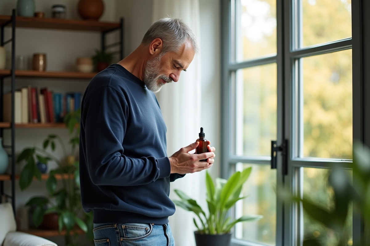 Homme regardant un flacon de soin dans un intérieur lumineux