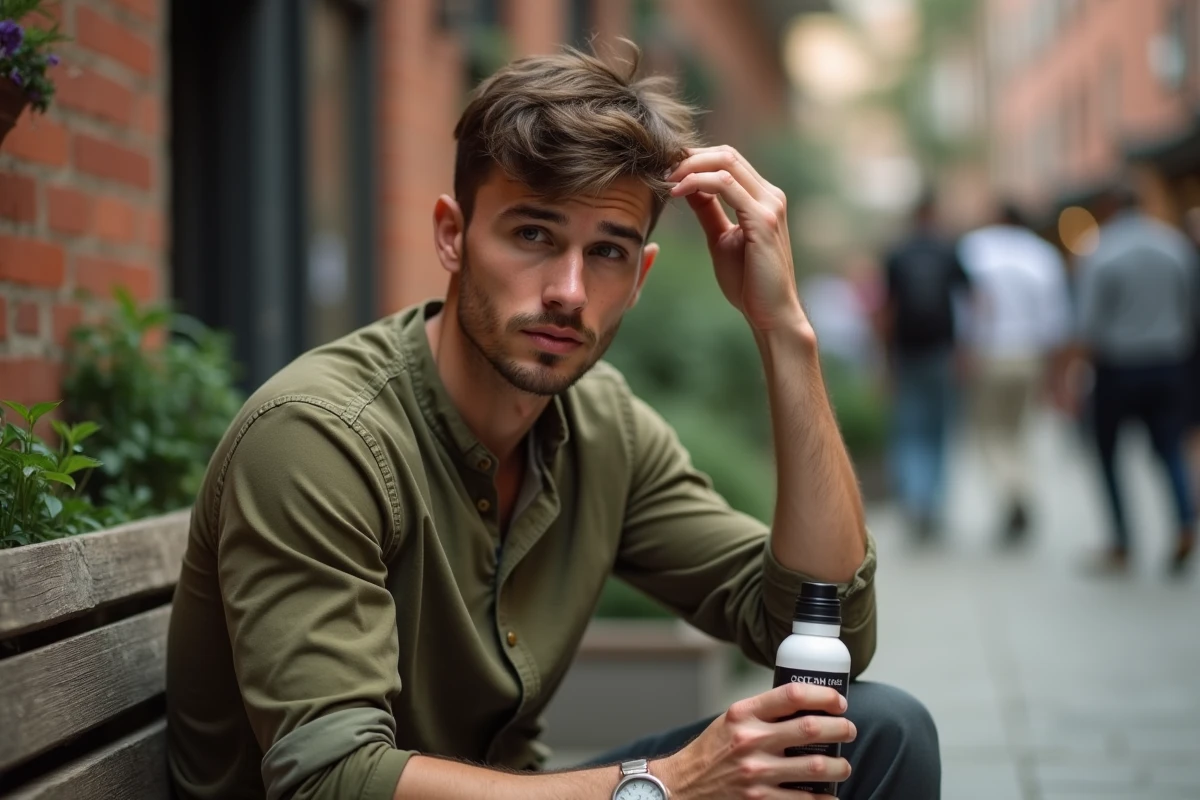 Homme aux cheveux courts texturisés utilisant un spray sel de mer en terrasse urbaine