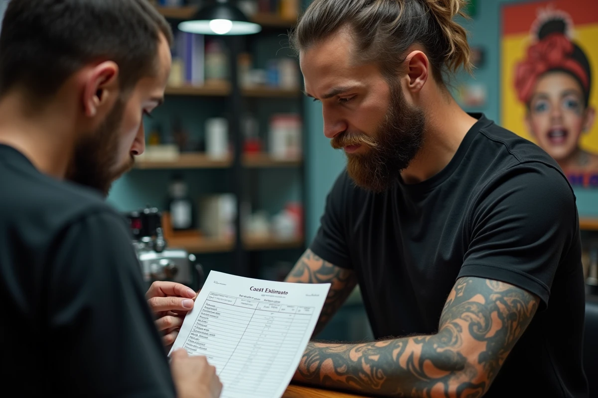 Homme avec tatoueur discutant d