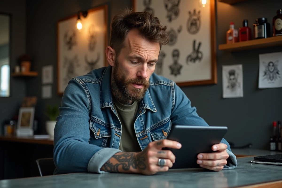 Homme dans un studio de tatouage utilisant une calculatrice de tatouage sur tablette