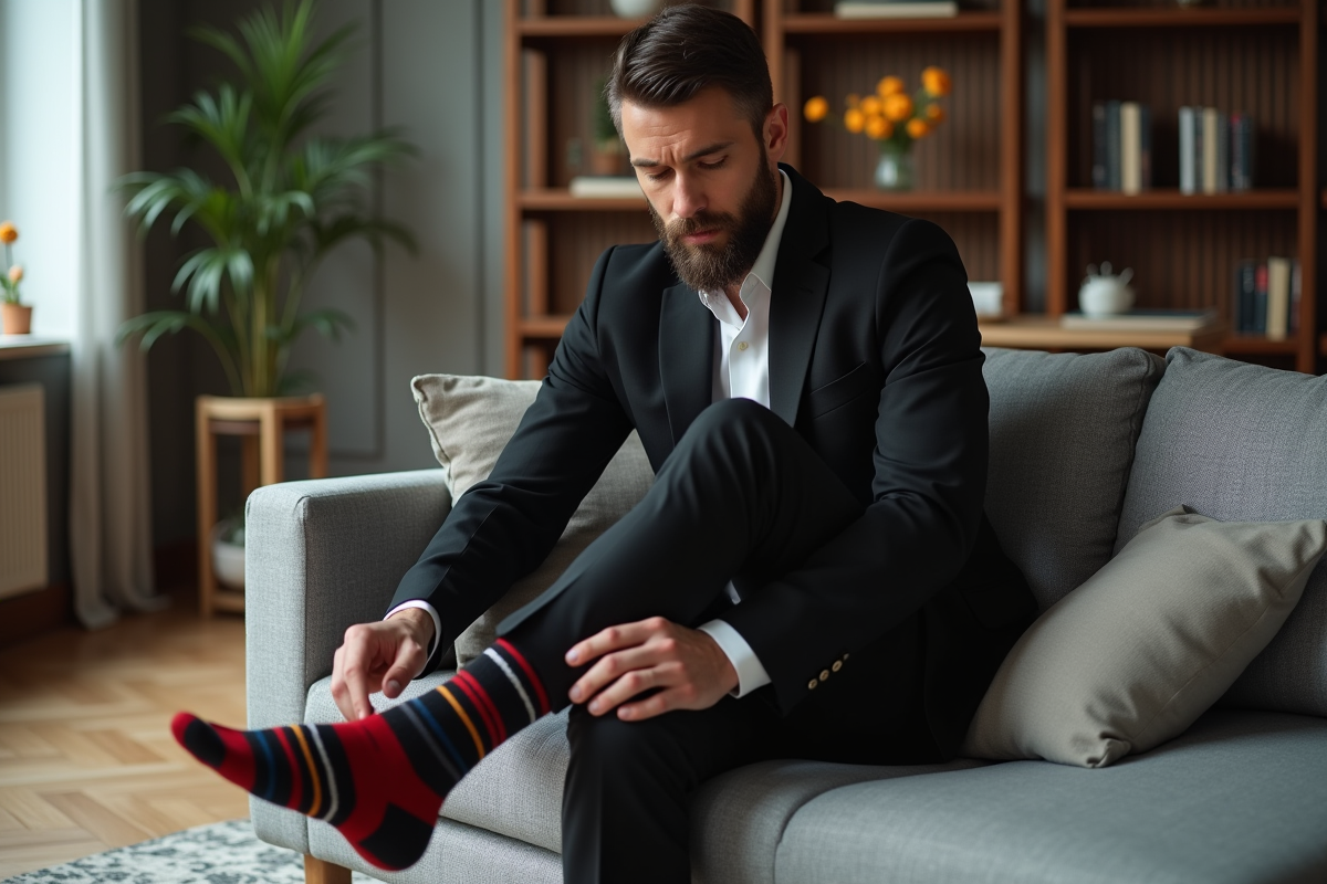 Homme en costume ajusté et chaussettes colorées dans un salon moderne