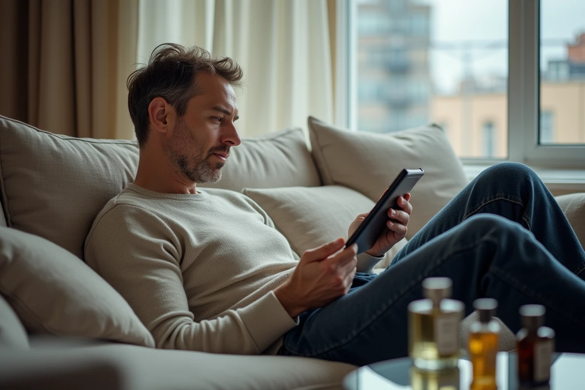 Homme détendu examinant des avis de parfums sur une tablette