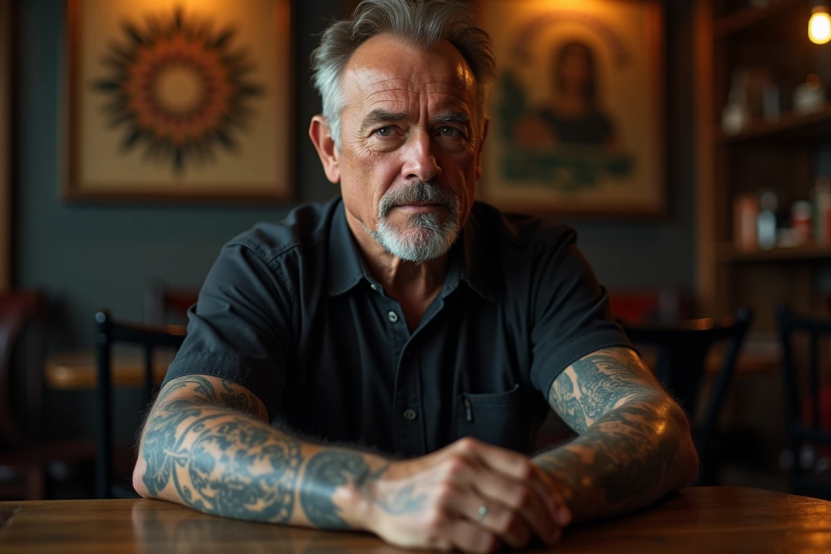 Homme avec tatouage solaire réaliste dans un studio de tatouage