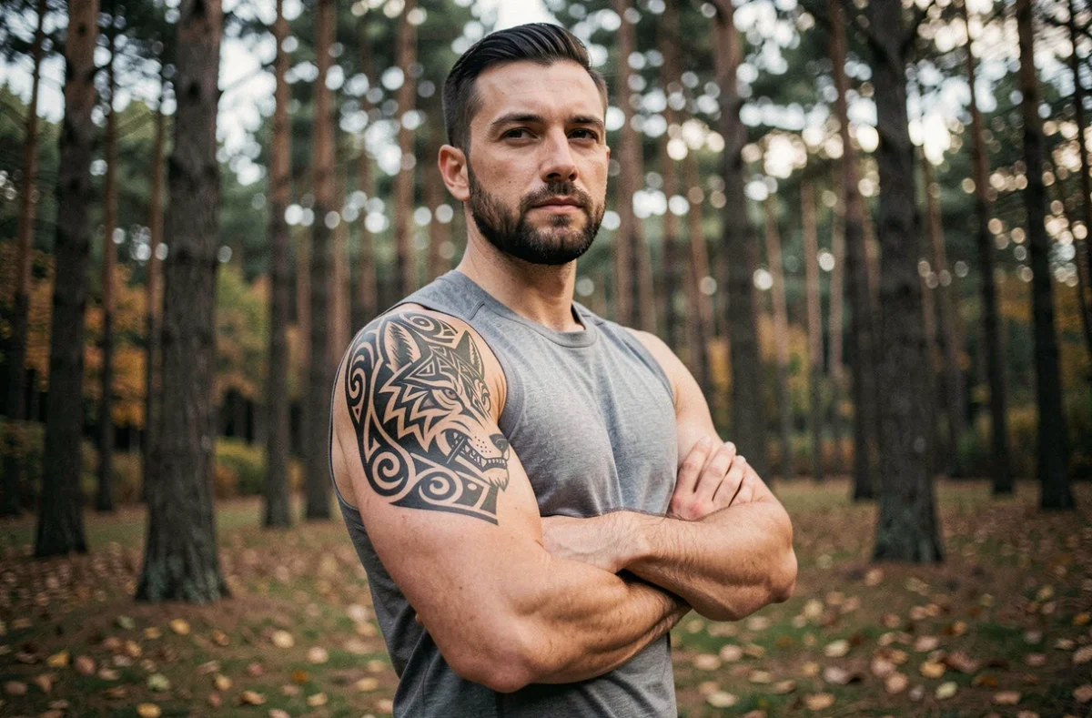 Homme avec un grand tatouage tribal loup sur l'épaule posant dans une forêt de pins en automne