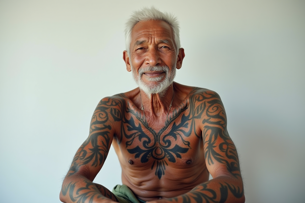 Homme âgé avec tatouages polynesiens traditionnels en studio