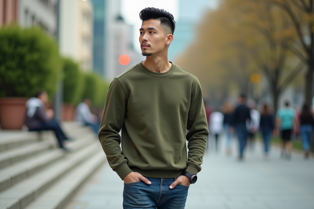 Homme urbain avec coupe de cheveux moderne en ville
