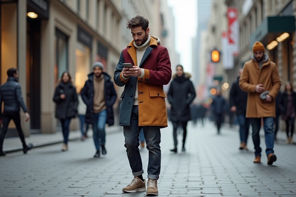 Jeune homme en manteau colorblock dans la rue en hiver