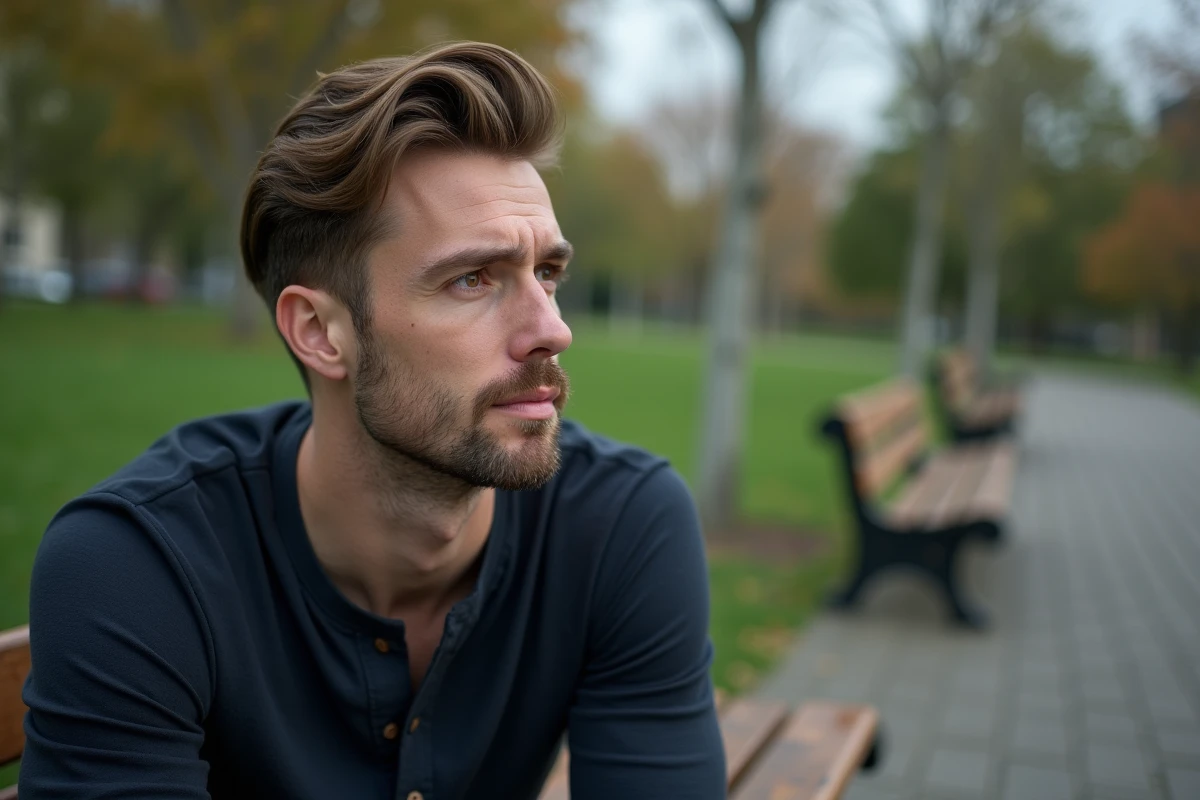 Homme aux yeux hazel examinant le reflet de ses iris à l'extérieur dans un parc