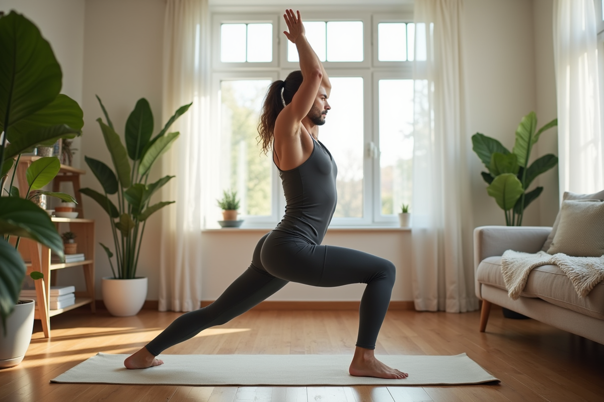 Homme en leggings et haut de sport en yoga chez lui