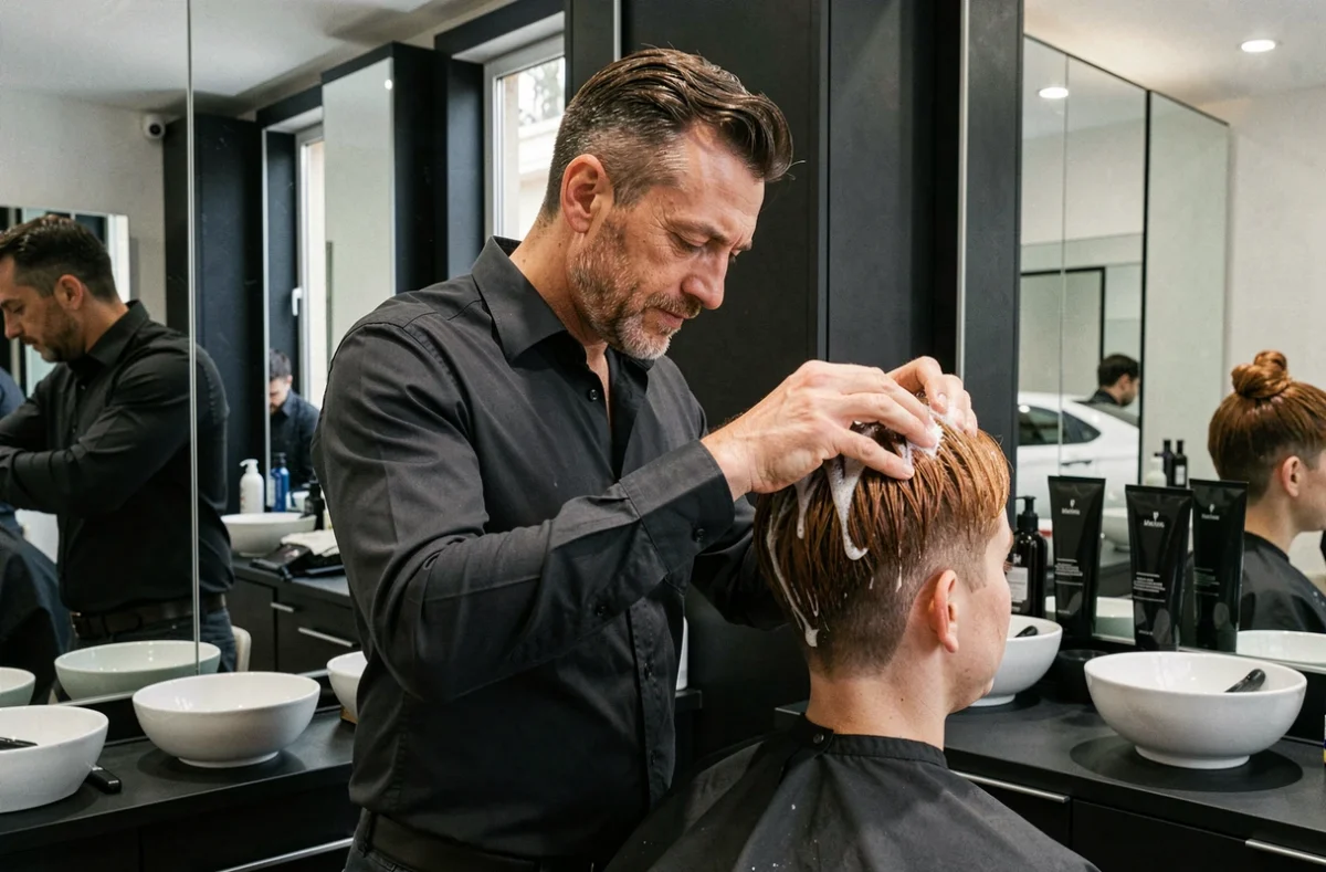 Coiffeur appliquant un soin capillaire dans le salon Infantino Coiffure à Toulon