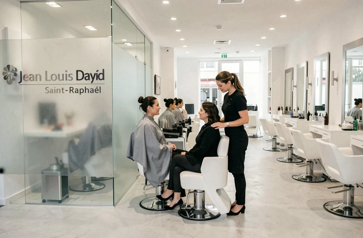 Intérieur épuré du salon Jean Louis David à Saint-Raphaël avec styliste conseillant une cliente