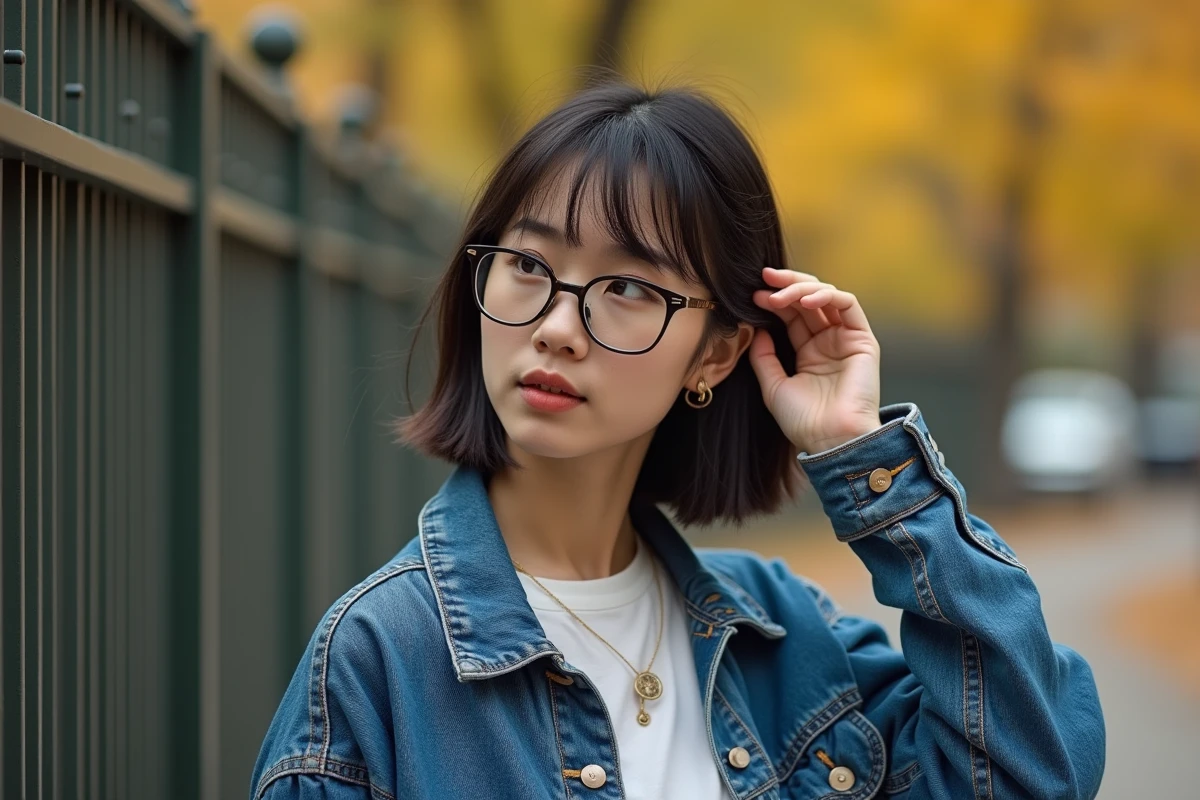 Jeune femme en extérieur près d une clôture de parc