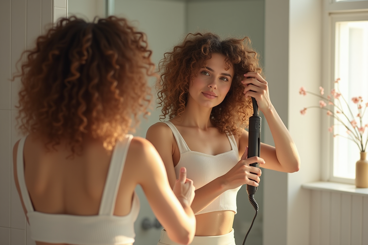Jeune femme aux cheveux bouclés se lissant les cheveux dans une salle de bain lumineuse