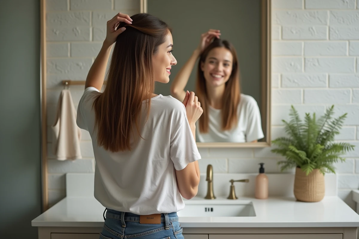 Jeune femme se coiffant dans un miroir de salle de bain