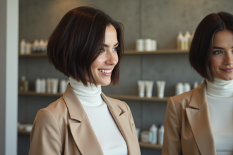 Jeune femme mode avec coiffure asymetrique et blazer beige