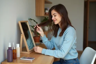 Jeune femme appliquant des extensions de cheveux à la maison