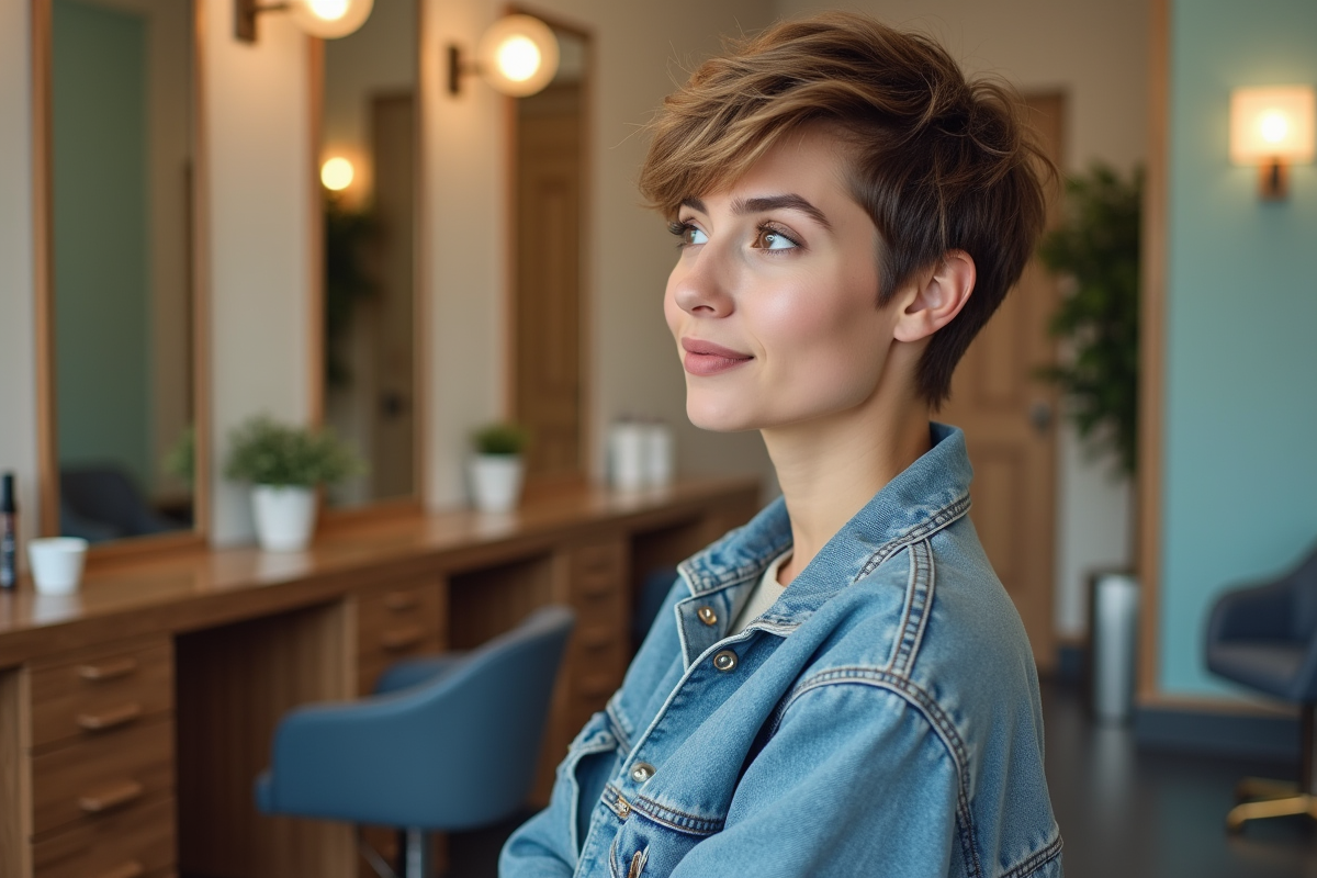Femme avec coupe pixie dans un salon moderne