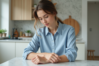 Jeune femme examinant une cicatrice sur son bras dans une cuisine moderne