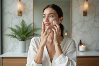 Jeune femme appliquant une creme visage dans sa salle de bain