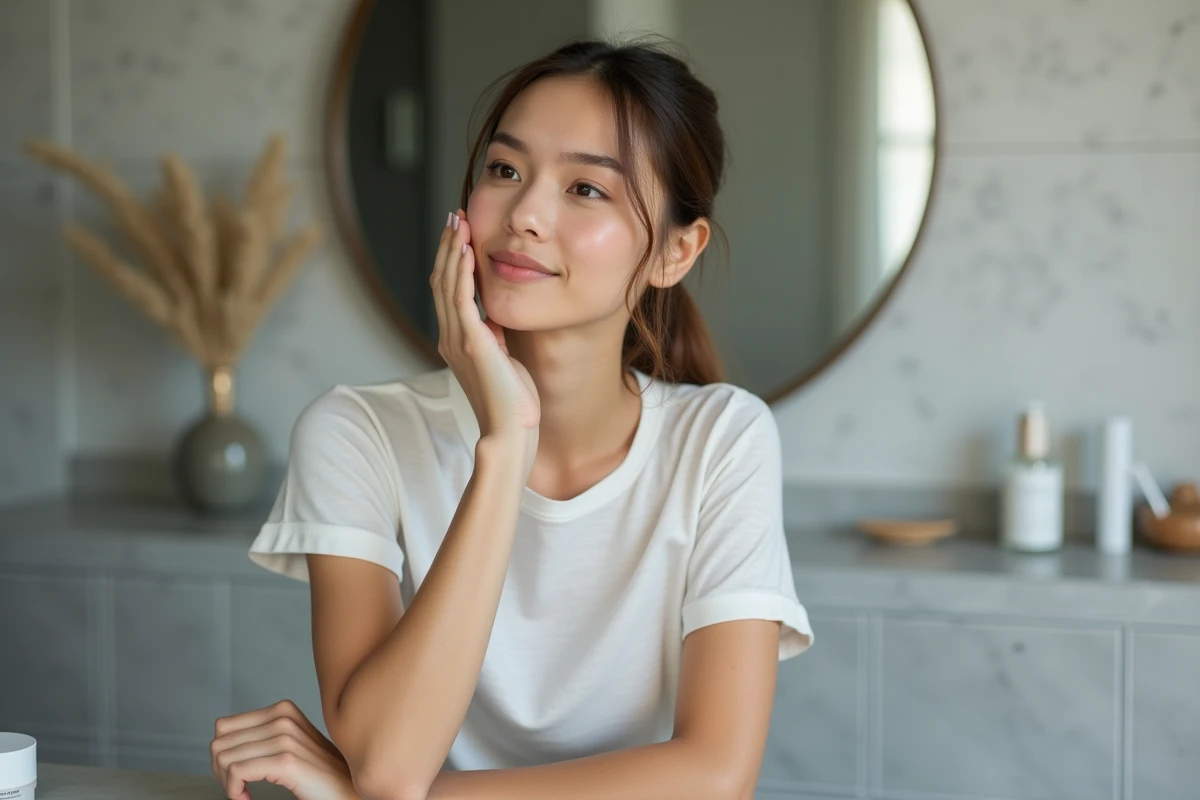 Jeune femme appliquant une creme visage dans la salle de bain