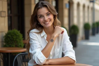 Jeune femme avec tatouage solaire sur le poignet en extérieur