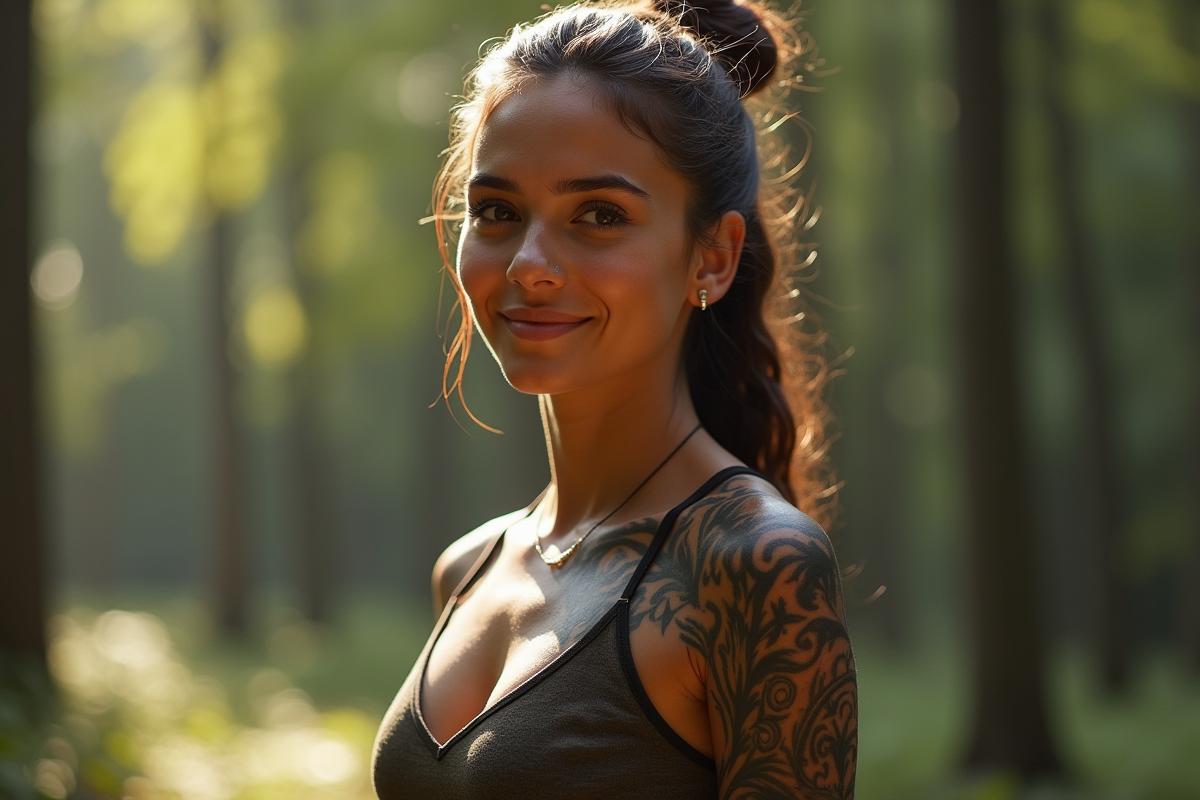 Jeune femme avec tatouages tribaux noirs souriant en nature