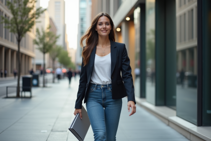 Jeune femme marchant dans la ville en blazer et jeans