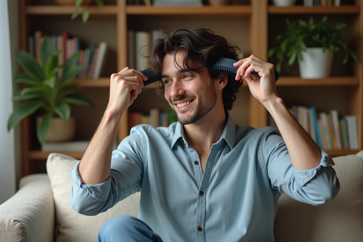 Jeune homme souriant brossant ses cheveux dans un salon cosy
