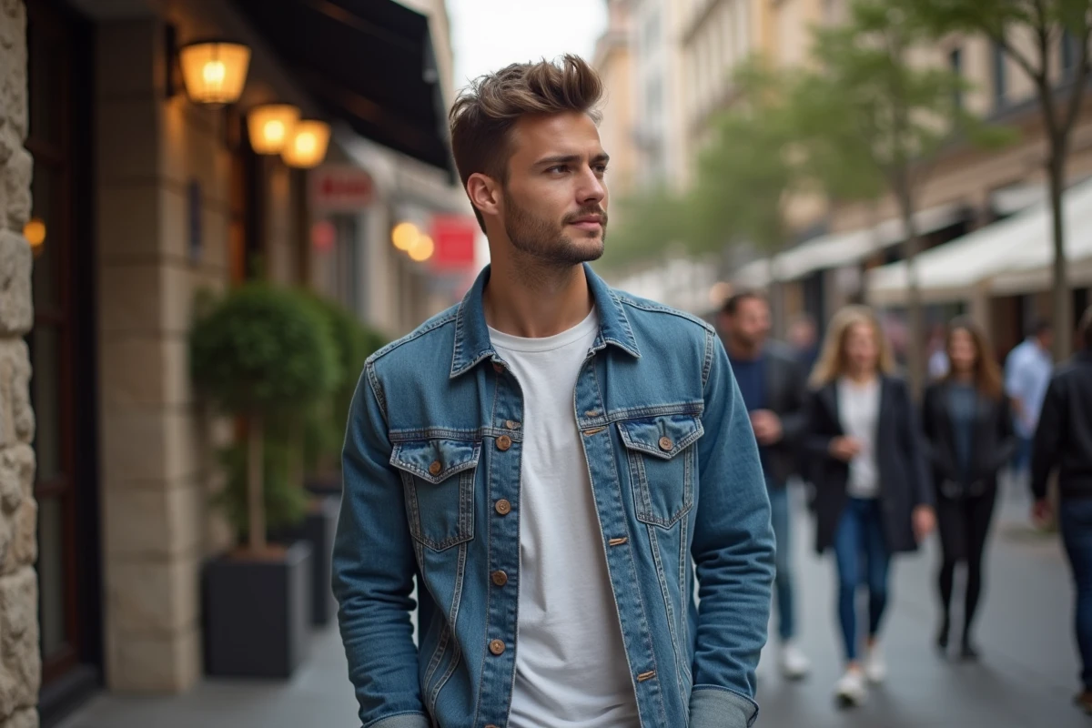 Jeune homme avec coupe shaggy dans une rue animée de la ville