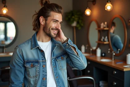 Jeune homme en denim ajusté et coupe mullet moderne dans un barbershop