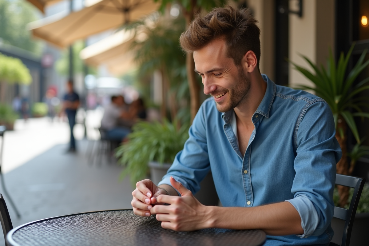 Jeune homme examinant ses ongles dans un café en plein air