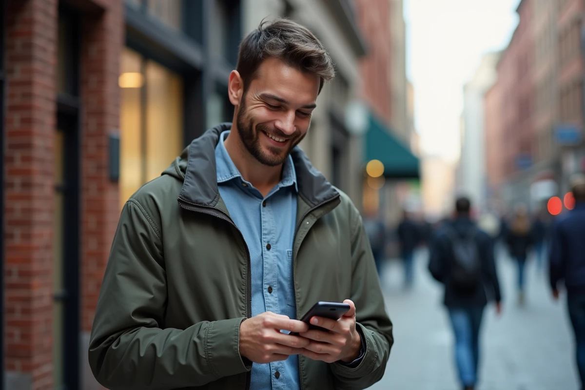 Jeune homme dans la rue regardant son smartphone